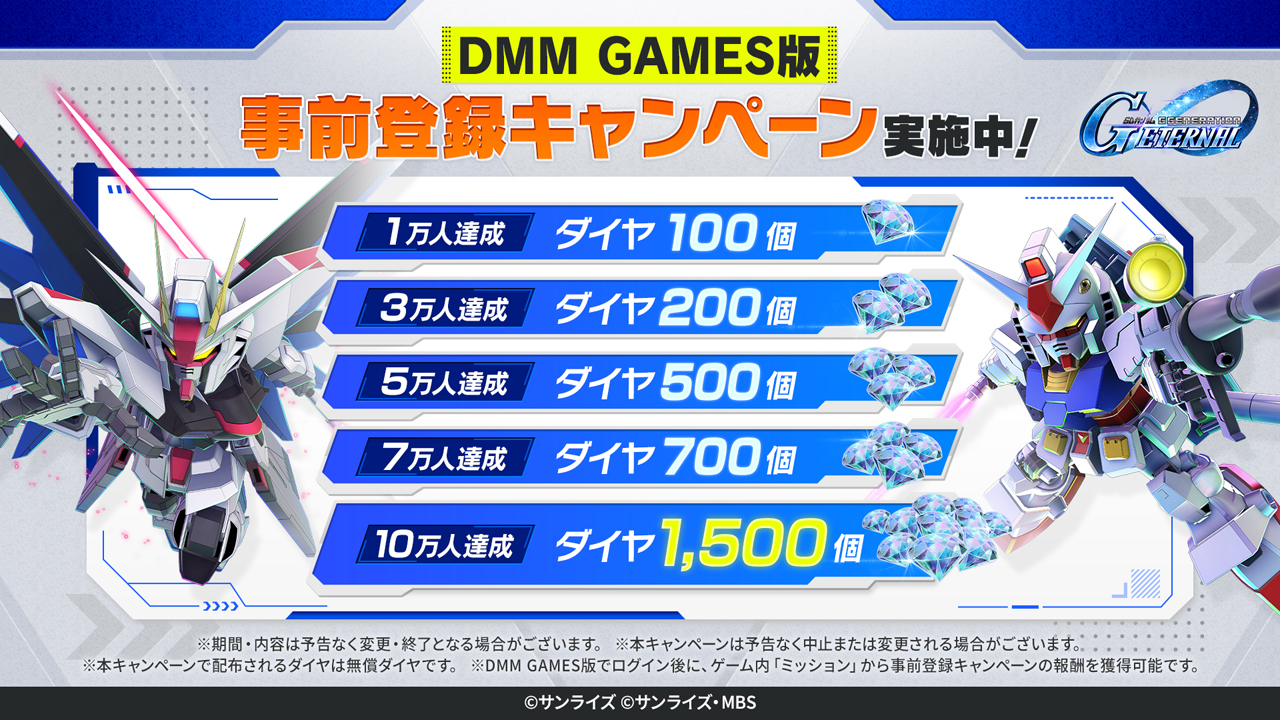 DMM GAMES版 事前登録キャンペーン実施中！1万人達成でダイヤ100個。2万人達成でダイヤ200個。3万人達成でダイヤ500個。4万人達成でダイヤ700個。5万人達成でダイヤ1500個をプレゼント！